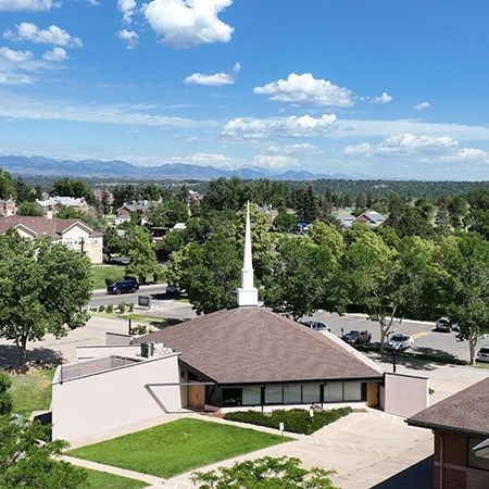 Aerial view of the church building and steeple