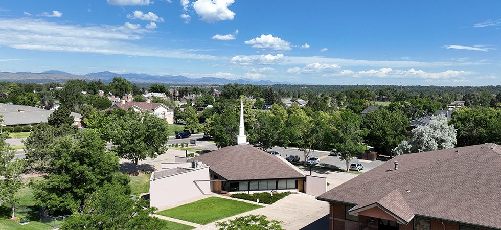Aerial view of the church and Colorado front range